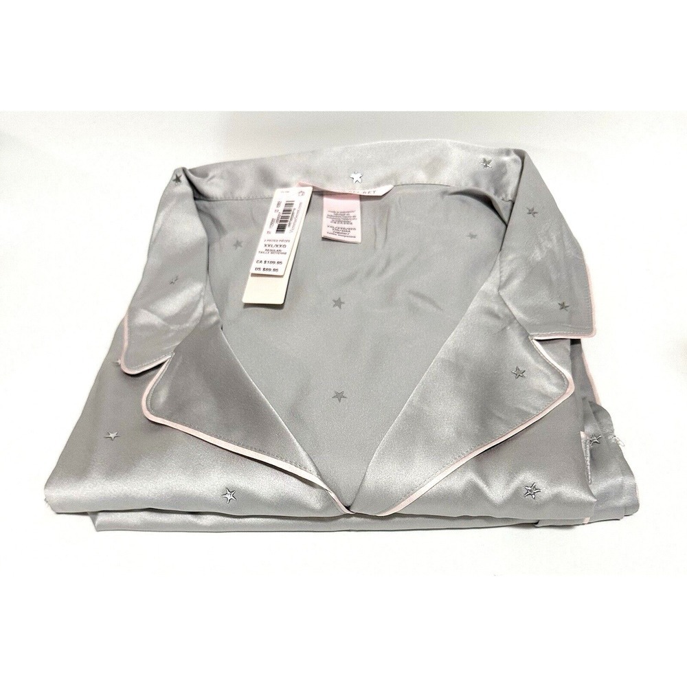 VICTORIA'S SECRET Pajama Womens XXL Glazed Satin Dew Drop Silver 2Pc Long PJ Set
